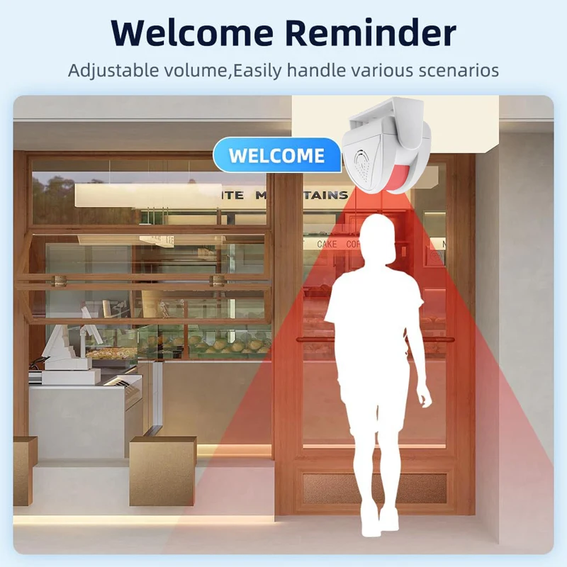 Sensore di movimento a infrarossi, allarme musicale, adatto per campanello per ospiti, benvenuto per hotel in negozio a casa, sistema di sicurezza familiare, uso esterno,