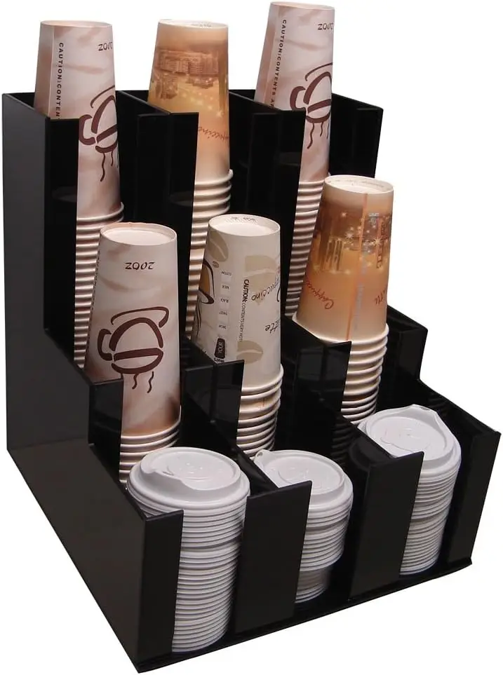 

Verticle Coffee Cup Dispenser and Lid Holder Condiment Stirrer, Sugar Cup Caddy Organizer and DisplayYour Coffee Station Counter