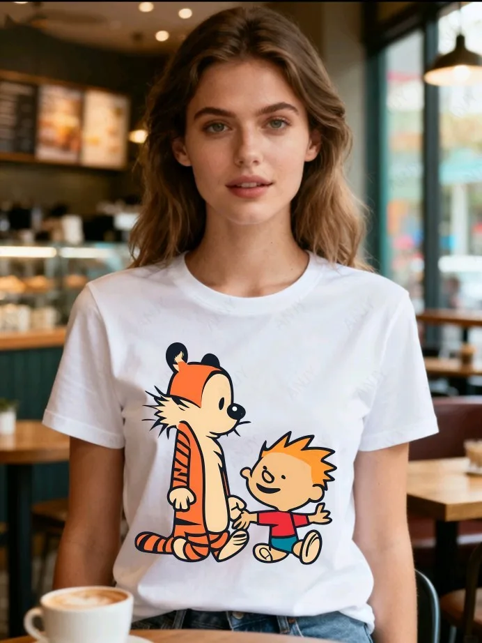 Calvin and Hobbs Tiger Hug Printed T-shirt American Retro Comic Men's and Women's Short Sleeve Shirt