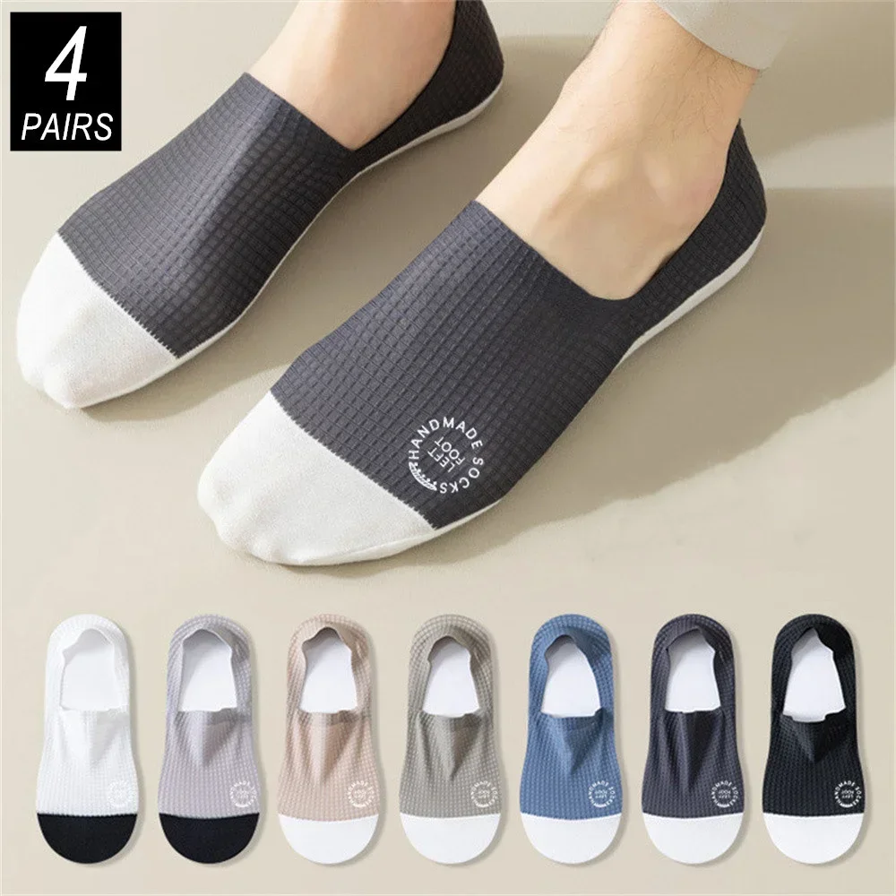 4 Pairs/Pack Waffle Ice Silk Men Boat Socks Summer Ultra Thin Breathable Invisible Socks Anti Slip Male Ankle Sox