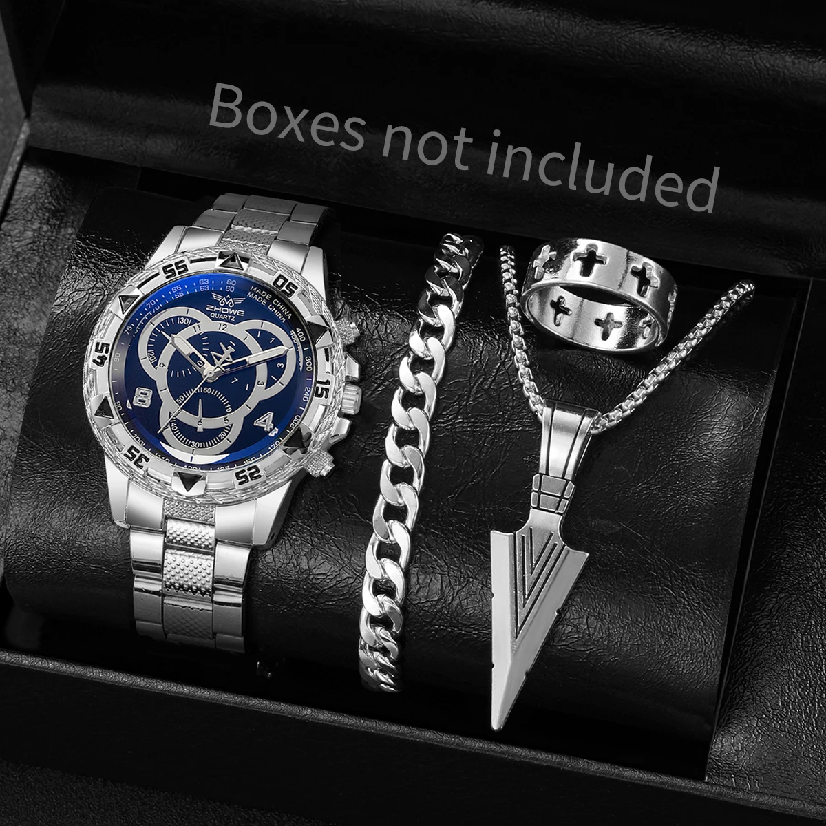 4 개/대 패션 남자 쿼츠 시계 럭셔리 대형 다이얼 남성 비즈니스 손목 시계 남성 시계 쥬얼리 세트 Reloj Hombre (상자 없음)