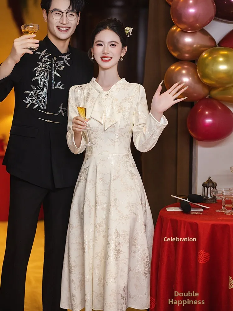 

Champagne Colored Wedding Dr Evening Gown for Brides ort Size Cusizable Formal Wear Daily Wear Vintage Sle Long Sve