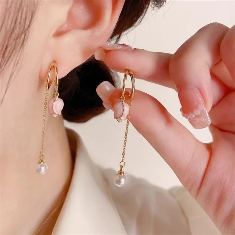 Imitation Pearl Pink Color Tulip Chain Tassel Long Drop Earring for Women Geometric Elegant Sweet Jewelry Girl Gift