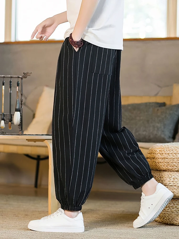 

Summer Stripe Casual Jogger Pants Men Ice silk Baggy Trousers Male Walking Wide leg Loose Sweatpants Streetwear