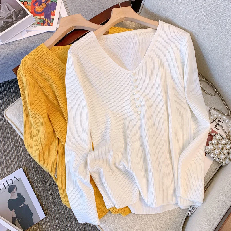 

Large Pullovers Sweaters Women 2022 Autumn Winter New Beading V-neck Slim Jumpers L-4XL Oversize Korean Style Knitted Tops