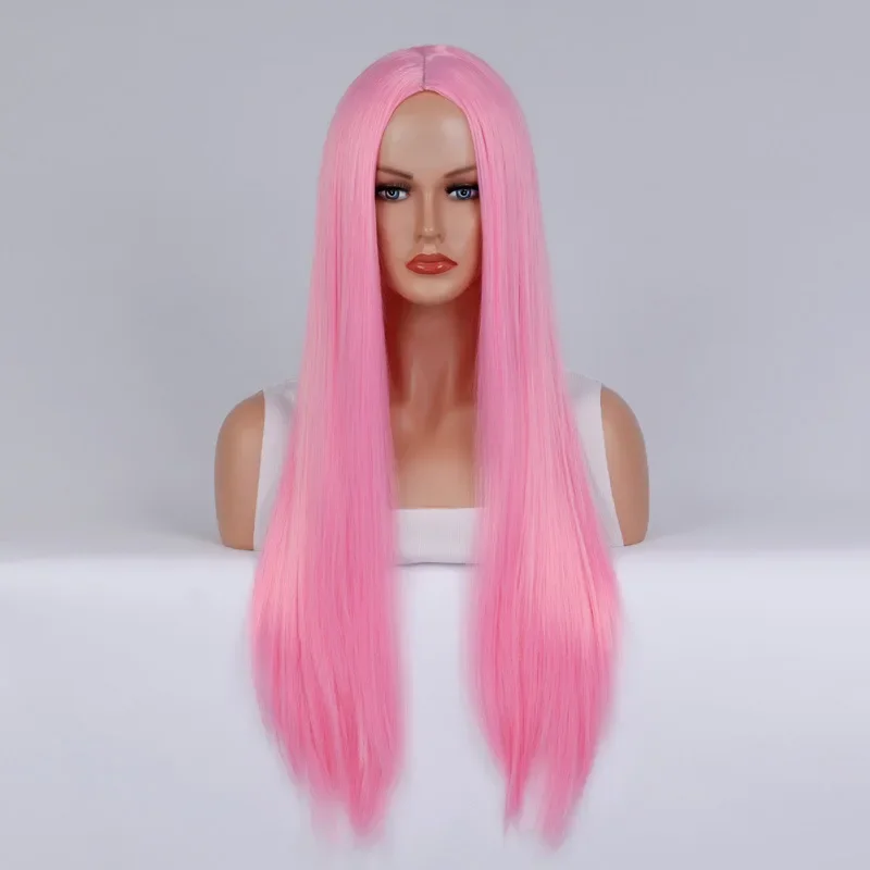 الاصطناعية الوردي طويل مستقيم شعر مستعار الجزء الأوسط حريري لينة موضة تأثيري زي حفلة لوليتا مقاومة للحرارة الاستخدام اليومي
