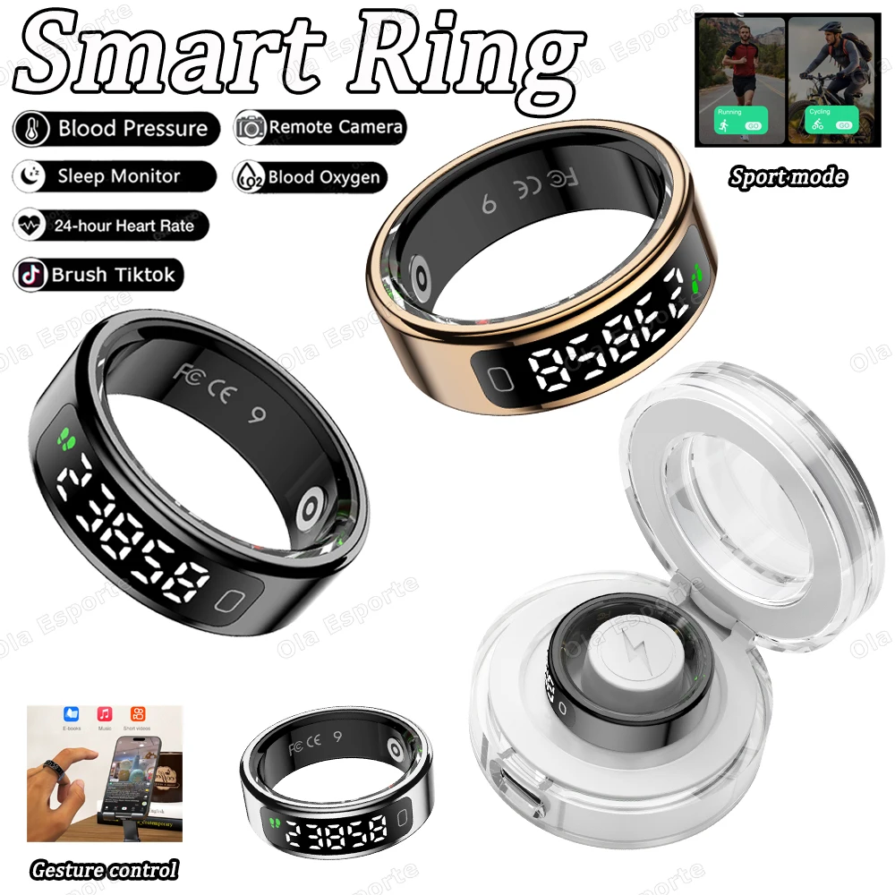 2026 New Smart Ring Display Screen Gestures Brush Video 5ATM Waterproof Remote Camera Blood Pressure Monitoring For Men Women
