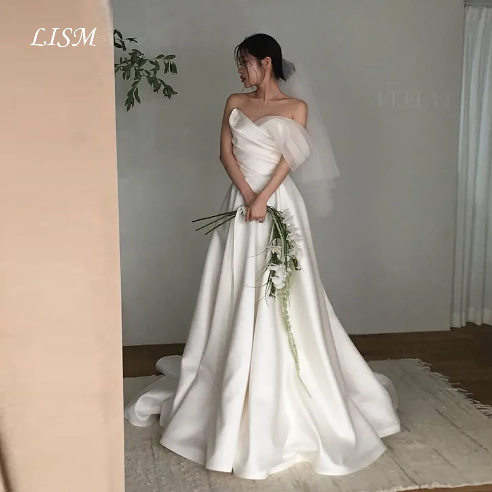 

LISM One Shoulder Sweetheart Korea Wedding Dresses Photo Shoot Silk Satin A-Line Long Elegant Bridal Gowns 결혼식 드레스