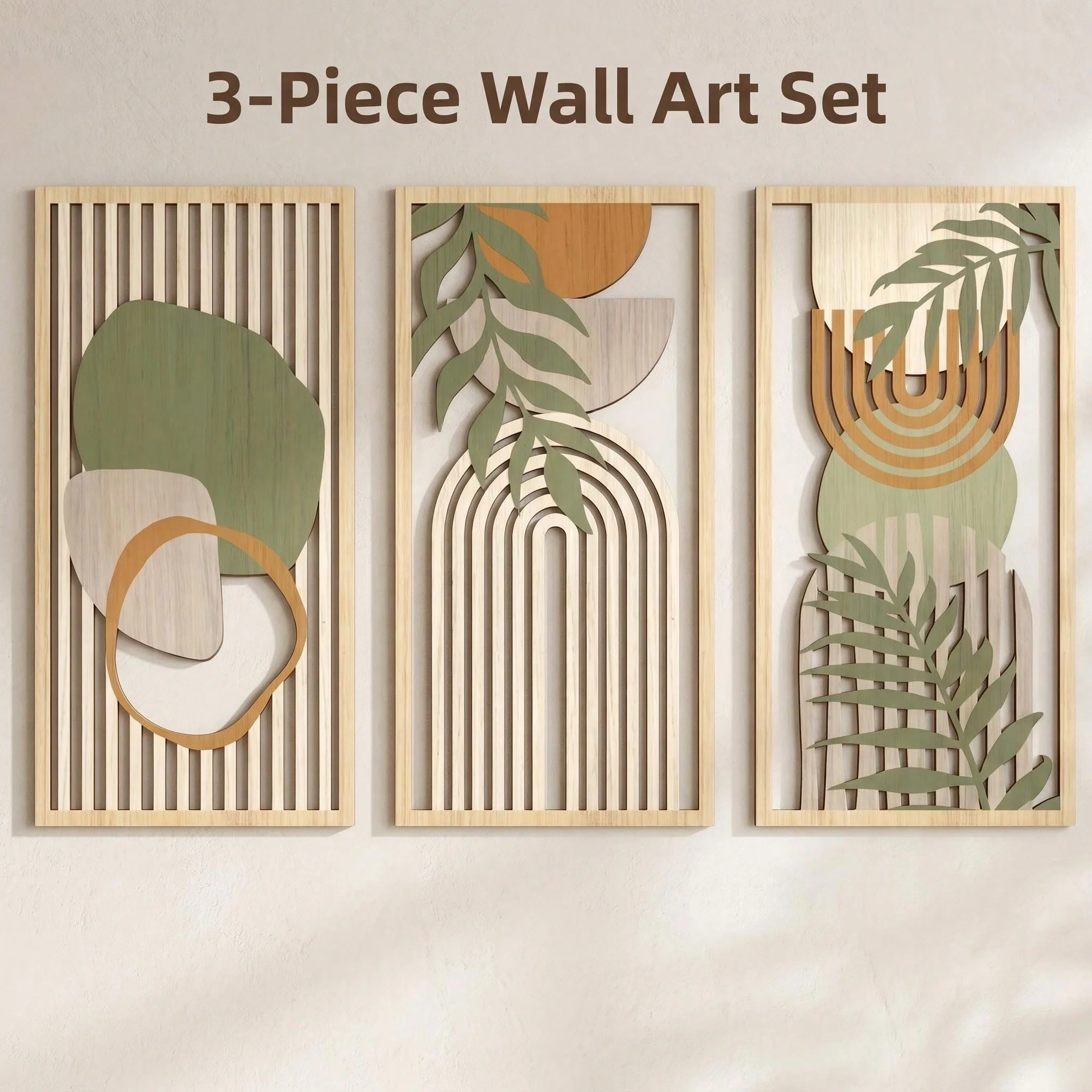 3er-Set Böhmische Salbeigrüne Abstrakte Holzwandkunst, Minimalistische Geometrische Holzwandskulptur, Moderne Neutrale Florale Linien-Wanddekoration