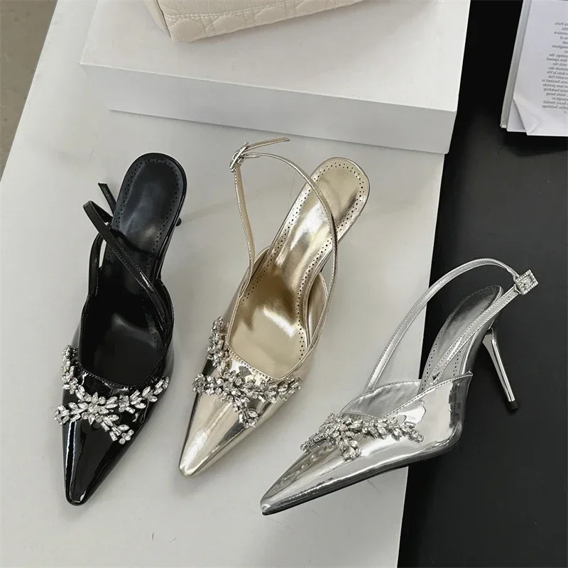 

Design Sexy CRYSTAL Rhinestone Women Pumps Buckle Strap Banquet Thin Low Heels Prom Sandals Mule Shoes Zapatos De Mujer