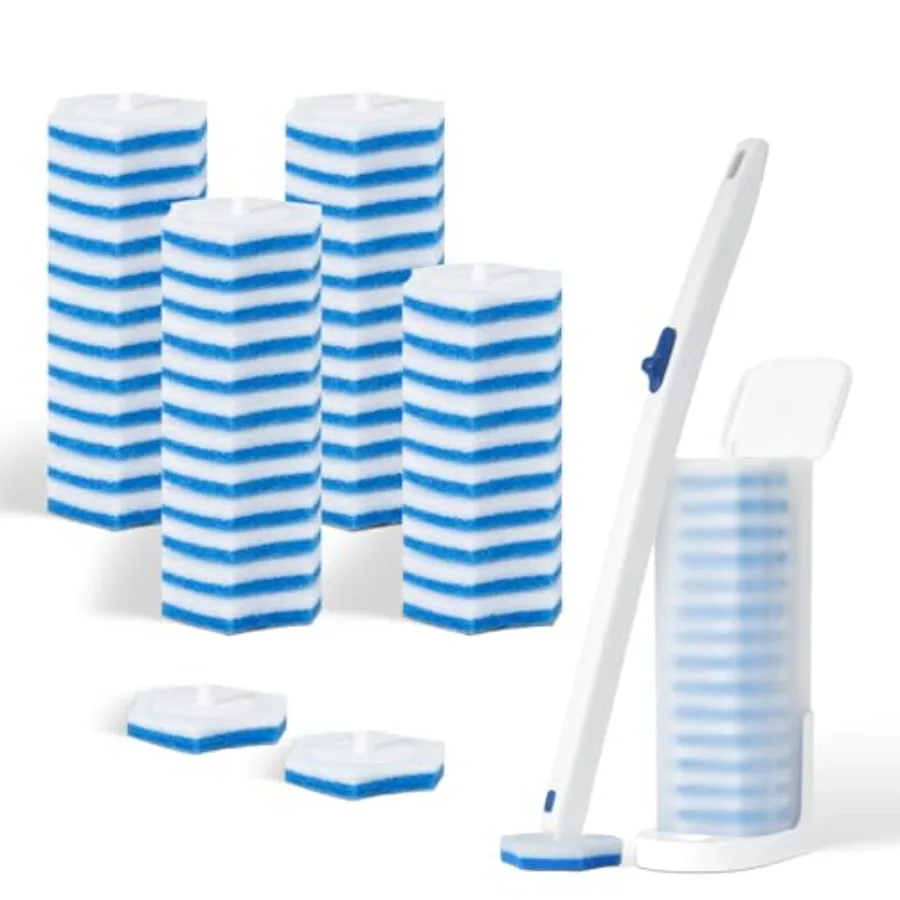 

Disposable Toilet Brush Wand Kit with 48 Refills - No-Touch Hygienic Cleaning System, Long Handle Toilet Bowl Cleaner Set for B