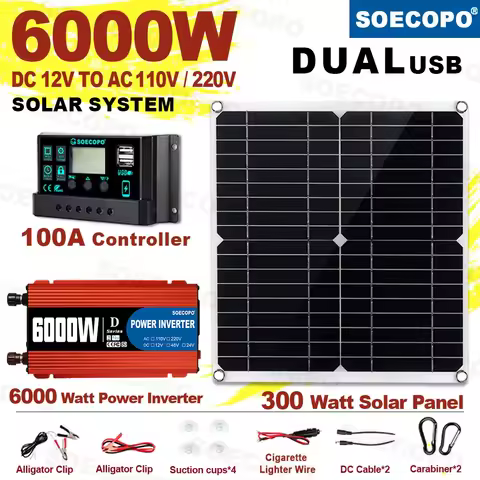 Upgrade 6000W Complete Solar Kit 100A Controller 300W Mono Panel 12V-110/220V Inverter &amp; Mounting Accessories for Off-Grid Power