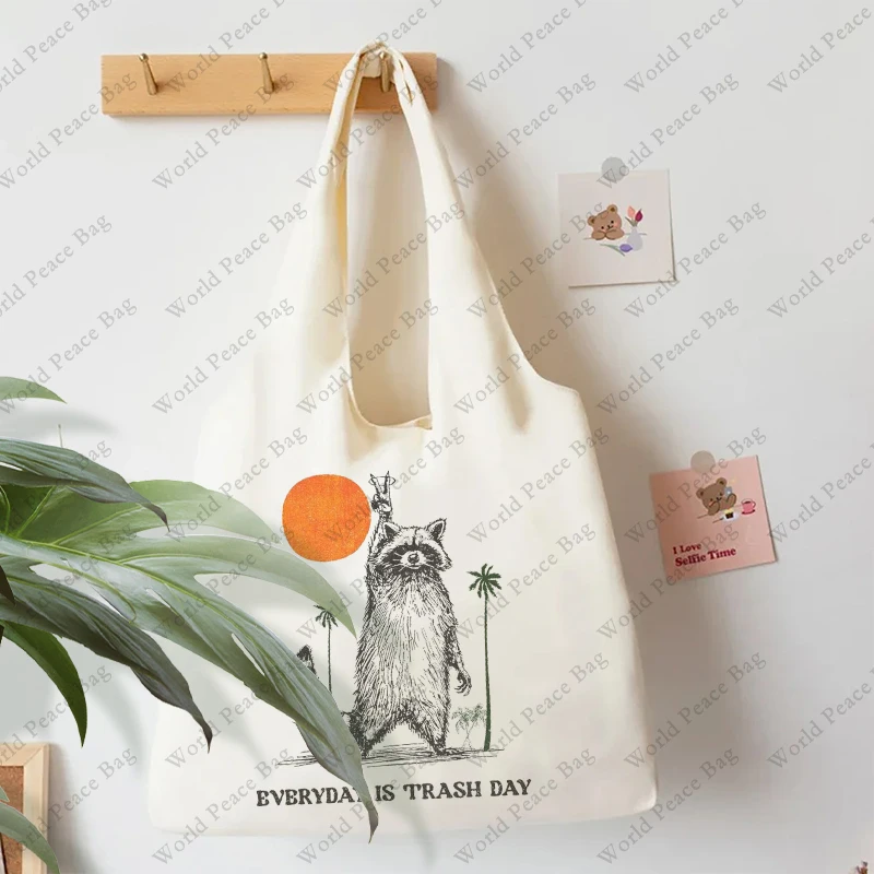 1 pc Everyday Is Trash Day Raccoon pattern Tote Bag Literature Shoulder Bag Illustration Girl Book Bag Travel Harajuku Canvas