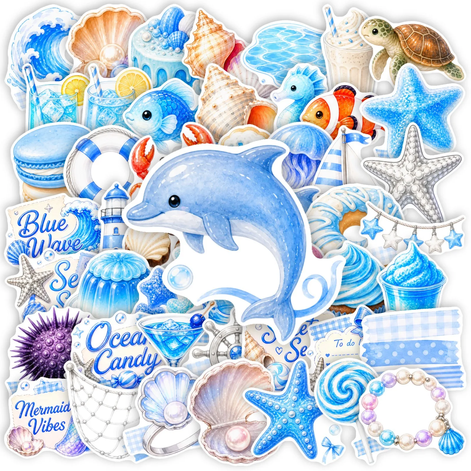 50Pcs Fresh Blue Ocean Wave Waterproof Stickers for Phone Case Tablet Skateboard Helmet Reward Journal DIY Decor Decals