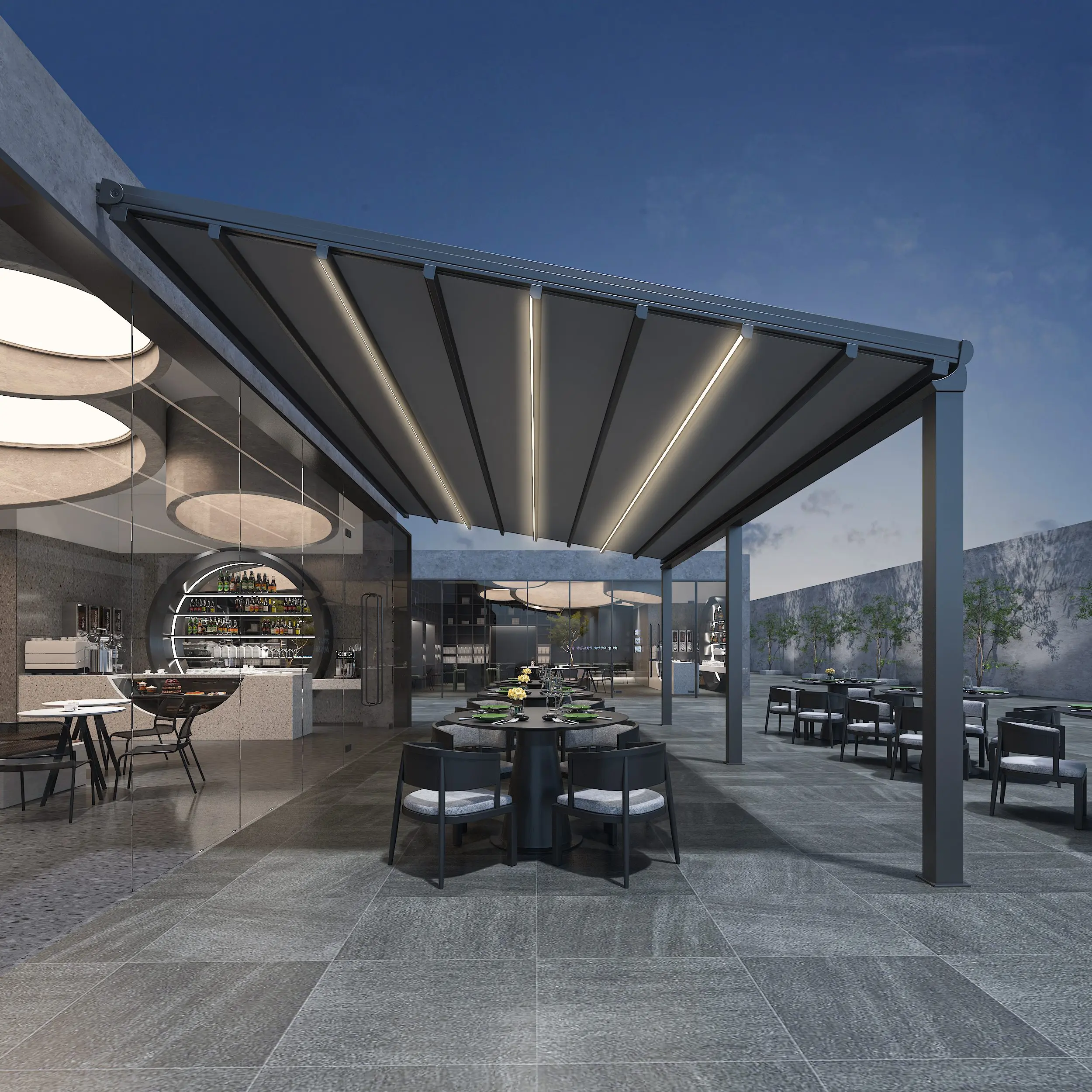 Outdoor Automatic Retractable Roof Pergola System PVC Aluminum Patio Cover Opening Design Powder Coated Nature Aluminum Alloy