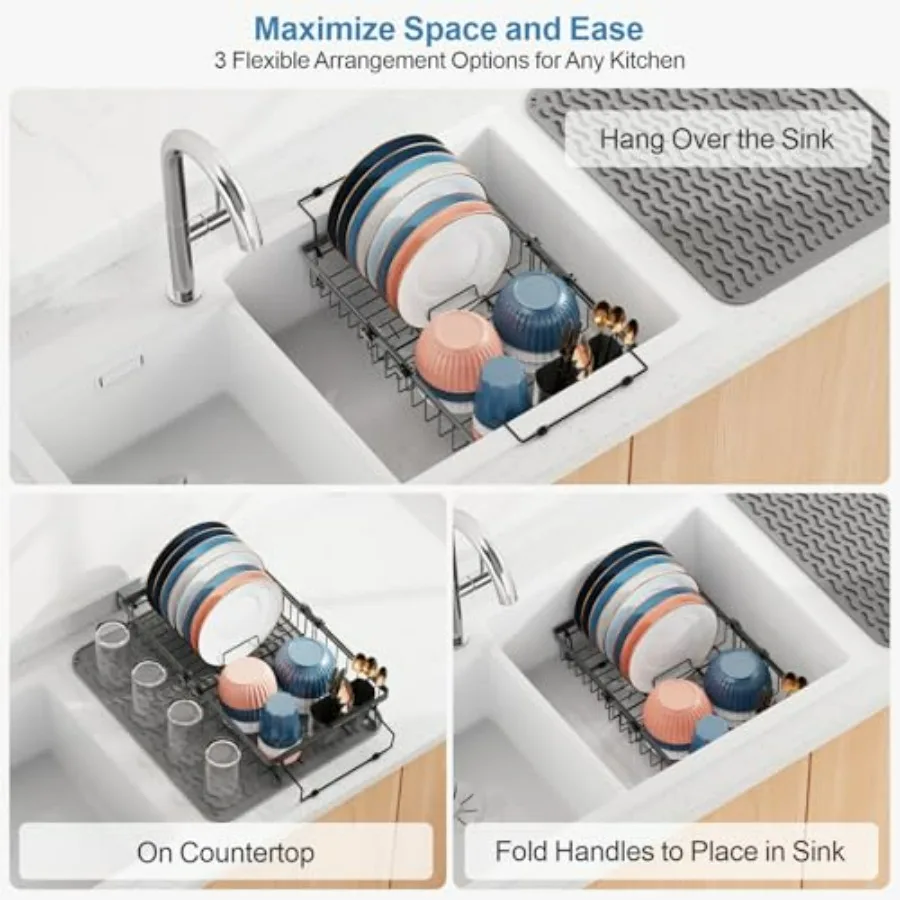 رف تجفيف الأطباق في الحوض بسعة قابلة للتوسيع لطاولة المطبخ قابلة للتعديل فوق تجفيف الأطباق مع حصيرة غير قابلة للانزلاق 15.820