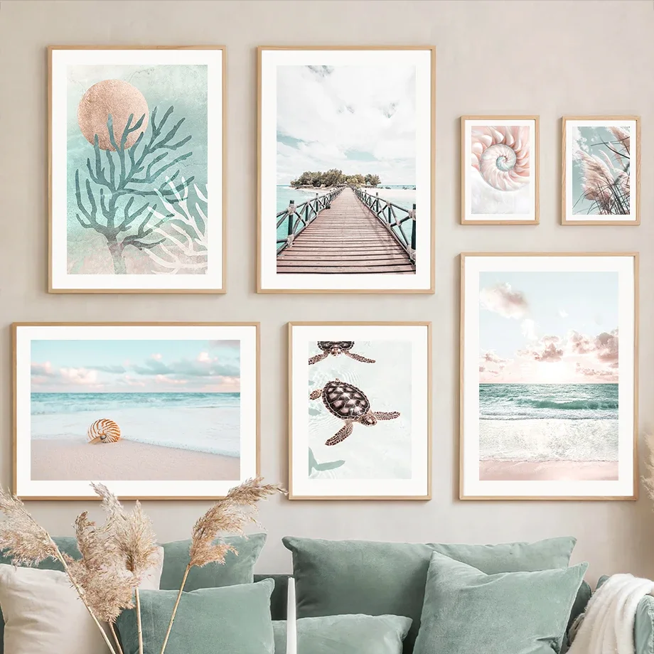 Cuadro sobre lienzo para pared de Coral, concha de océano rosa y azul, carteles nórdicos e impresiones, imágenes de pared para decoración del hogar y sala de estar