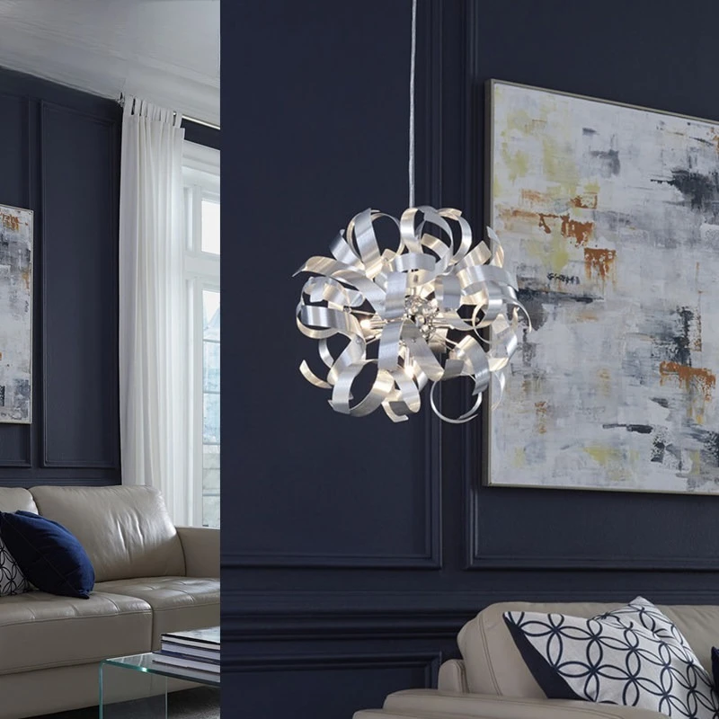 Modern Silver Ribbon Spiral Chandelier Abstract Curled Metal Pendant Light for Living Room Bedroom Dining Room  Contemporary
