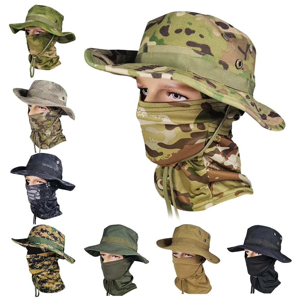 Women Men Hiking Fishing Boonie Hat Outdoor Sport Sun UV Protection Neck Face Camouflage Adjustable Bucket Caps and Mask