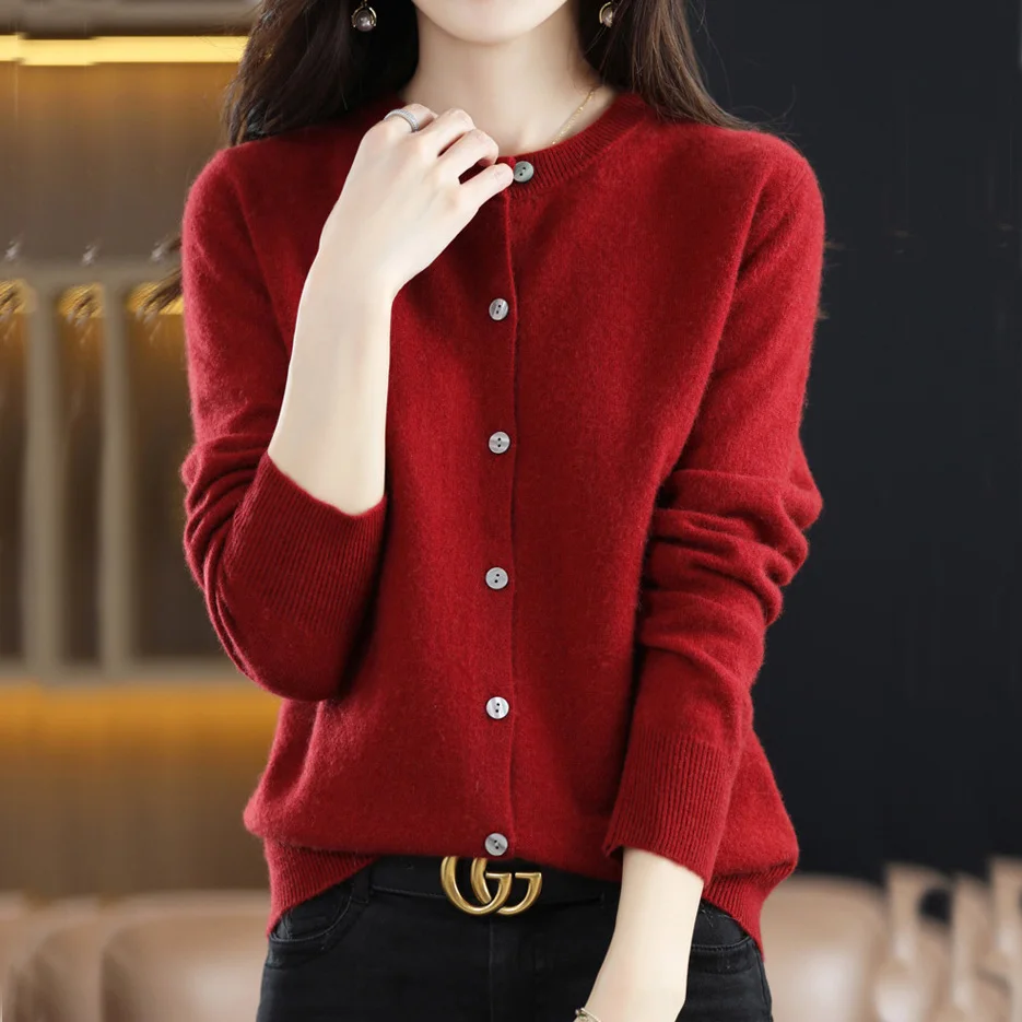 Women Fashion New Sweater Cardigans Autumn Soft Single Buttons O-neck Open Stitch Solid Basics Fine yarn Outwear knitted Coat