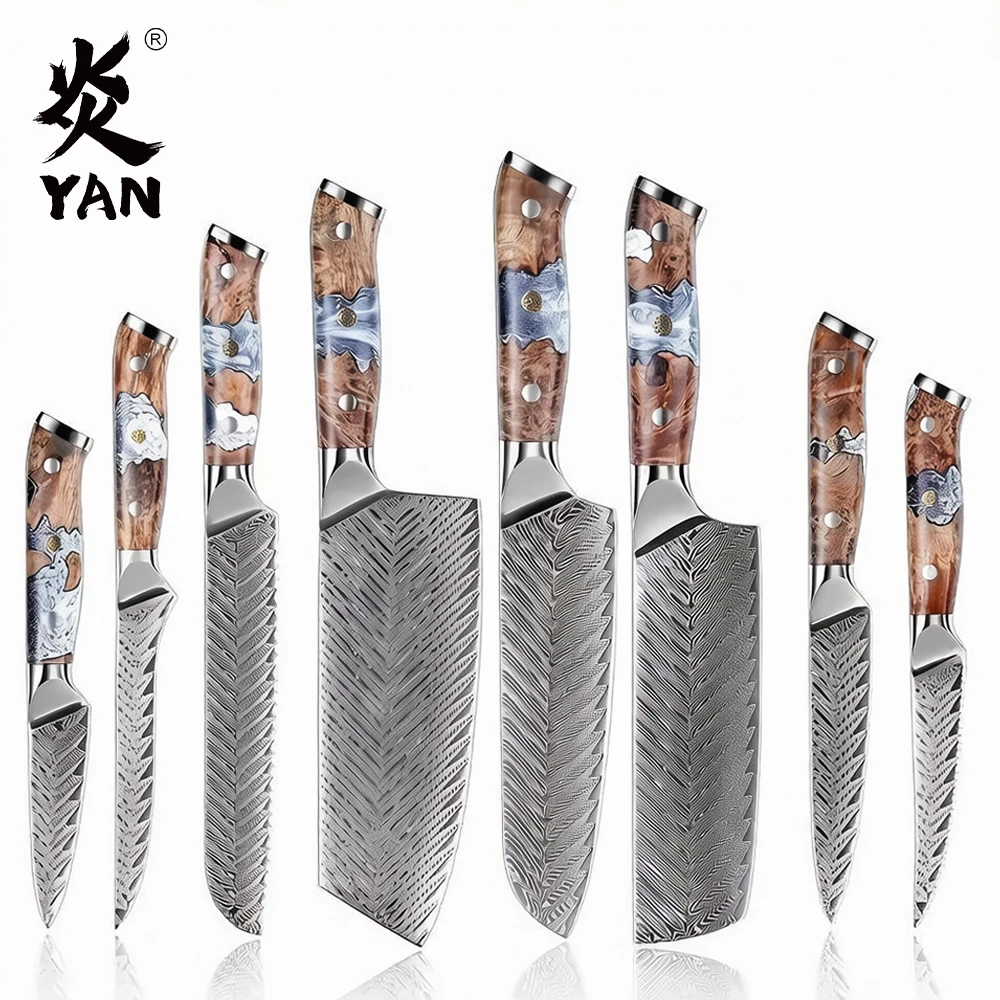 YAN Professional 8PCS Japanese Damascus Steel Kitchen Knife Chef Set VG10 Core Santoku Nakiri Knife Maple Burl Resin Handle