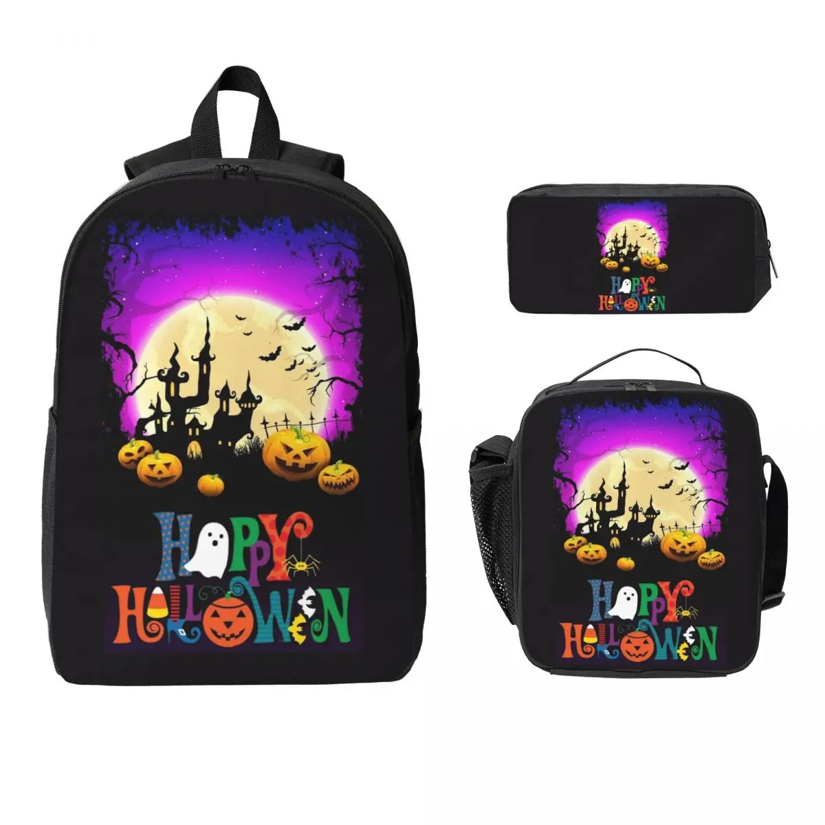 

Ghost Pumpkin Halloween Backpack Boys Girls BookBag School Bag Computer Shoulder Bags 3ps Insulated Lunch Bag Pencil Case
