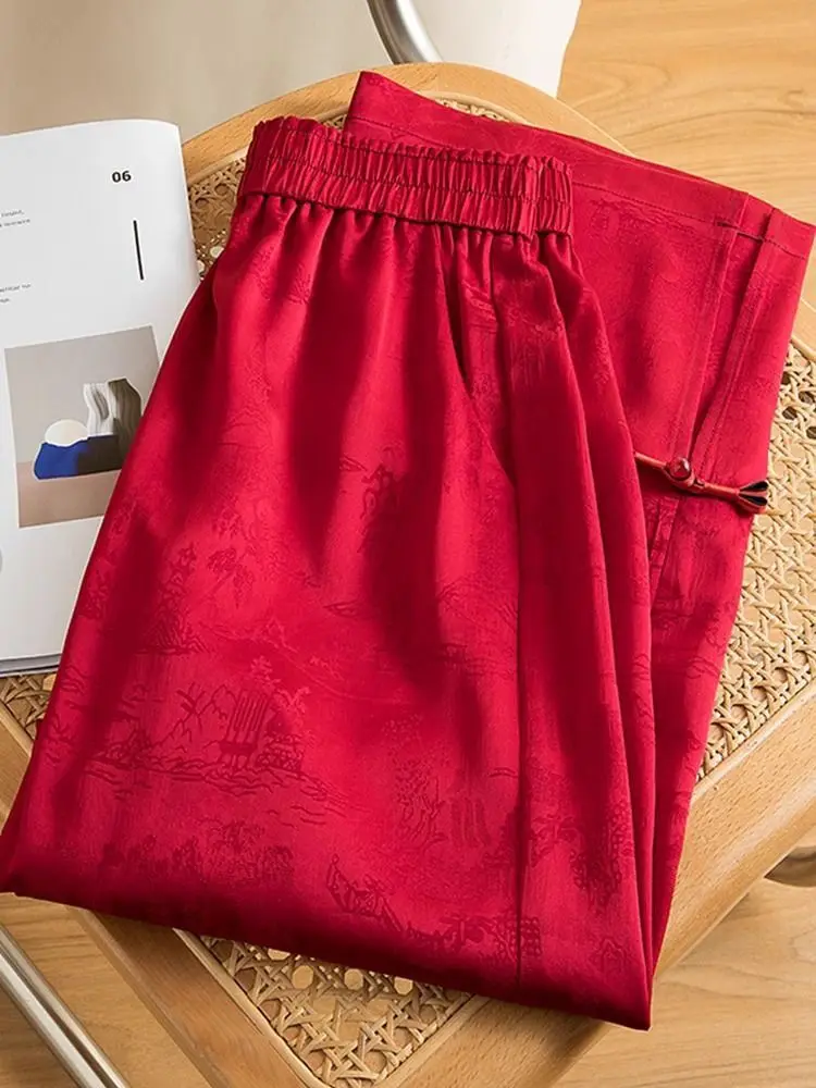 Jacquard High Waist Loose Drape Chinese Style Satin Casual Wide-leg Pants for Women 2025 Summer New Straight Trousers