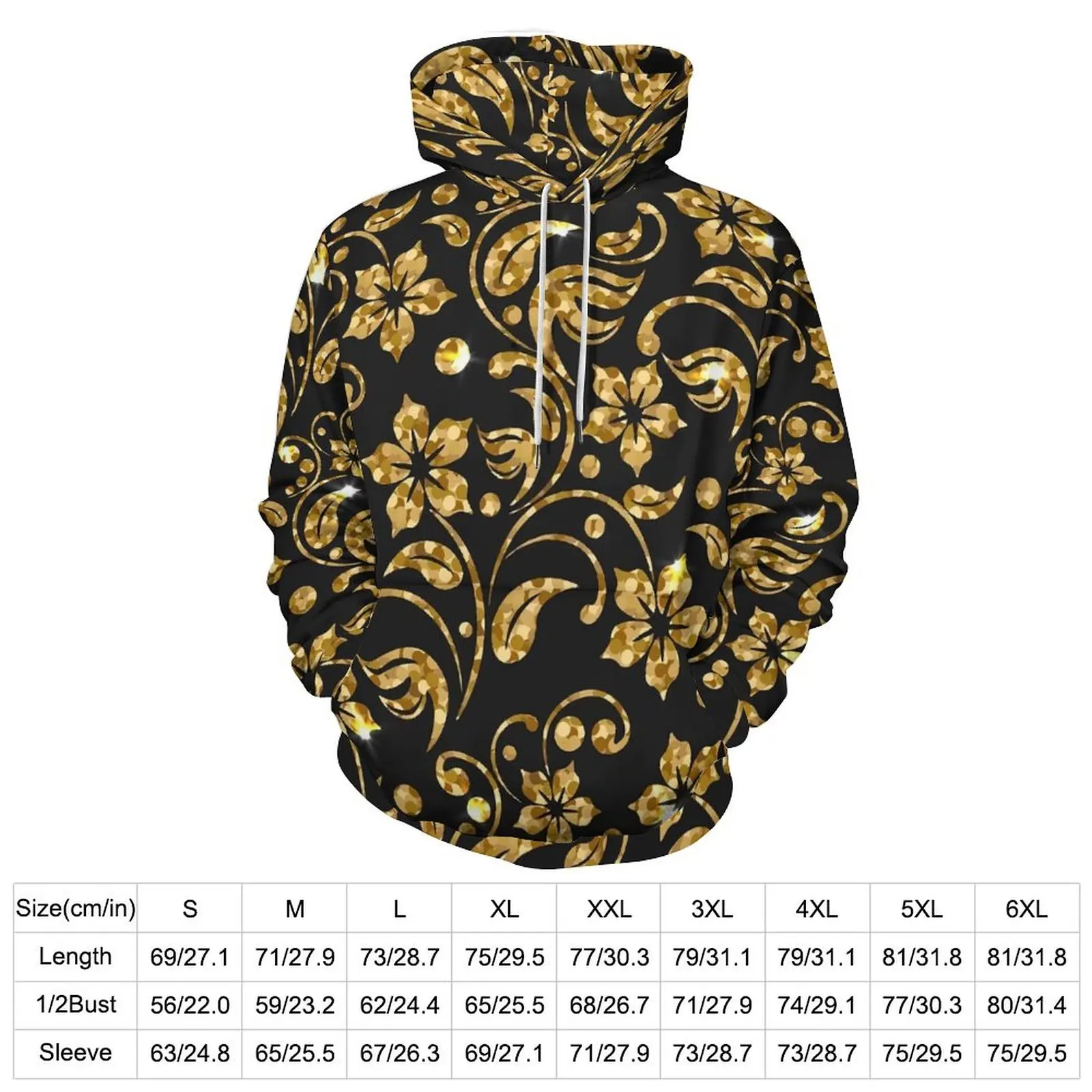 Retro Baroque Loose Hoodies Gold Floral Kawaii Hoodie Male Long Sleeve Oversized Classic Custom Clothing