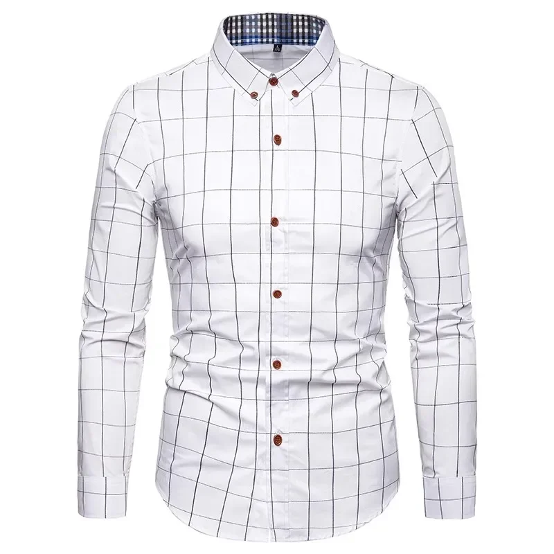 

Men Shirt Plaid Print Long Sleeve Autumn Shirt Button Single-breasted Formal Top Mid Length Dress-up Men Business Shirt