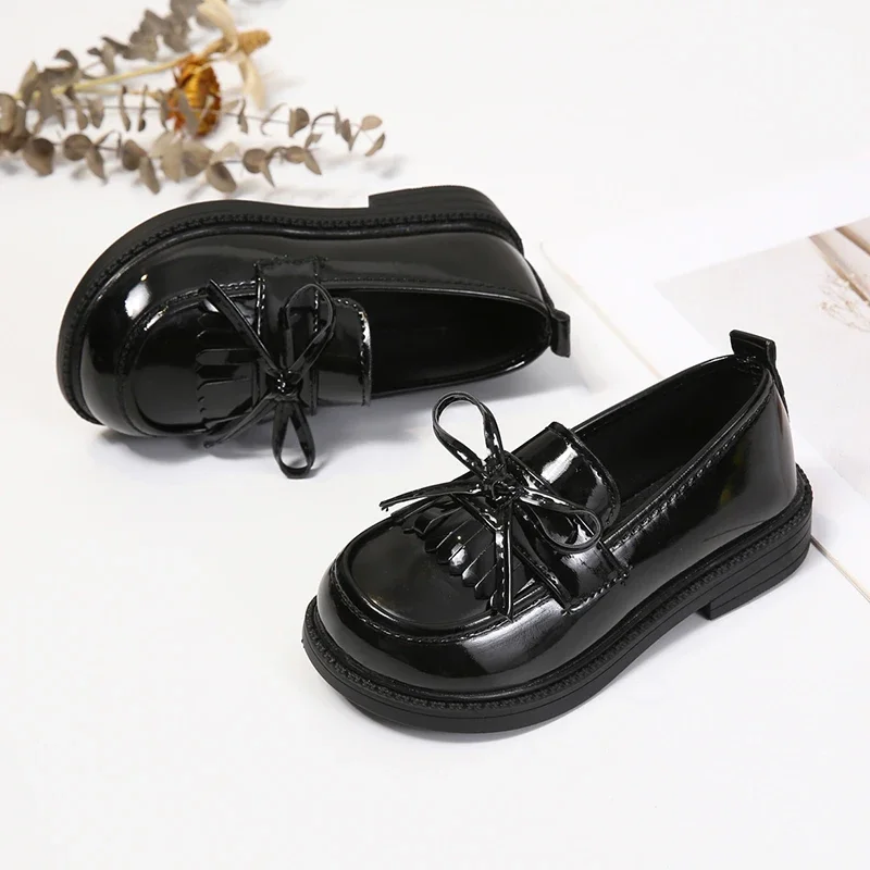 Girls Leather Shoes for Party Wedding Children Loafer for School Soft Soles Simple Kids Fashion Tassels Bow Non-slip Casual Shoe