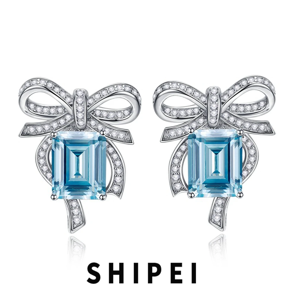 

SHIPEI Luxury 925 Sterling Silver Emerald Cut 8*10 MM Aquamarine Gemstone 18K Gold Plated Bowknot Ear Stud Earrings Fine Jewelry