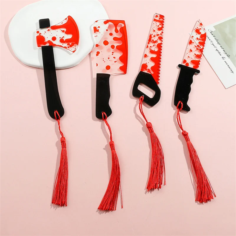 1Pcs Horror Knife Shape Clear Acrylic Bookmark With Tassel Halloween Themed Series Chopper Saw With Blood For Bookworms