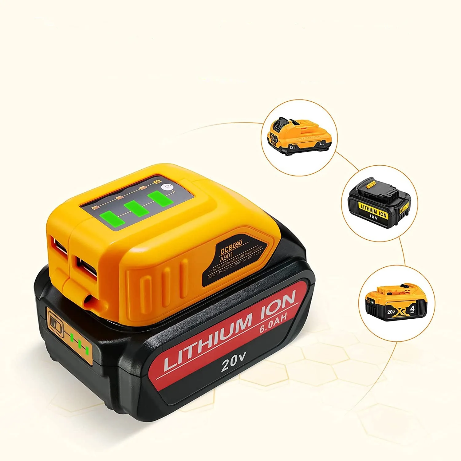 

DCB090 Battery Charger Adapter Compatible for Dewalt 12/14.4/18/20V Li-Ion Batteries Dual USB Power Supply Portable Charger