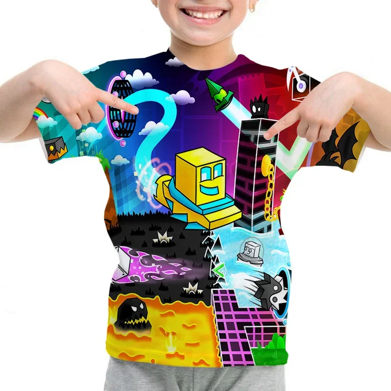 Game Angry Geometry Dash T-Shirt Boy Girls Cartoon 3d Print T-shirts Kids Summer Short Sleeve Casual T Shirt Children Clothing