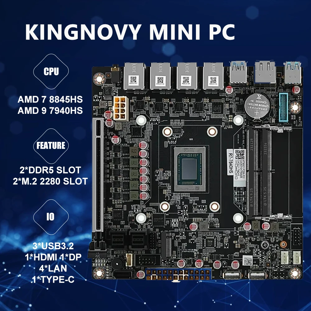 6-Bay NAS Motherboard mini-itx 4X i226-v 2.5GbE port AMD Ryzen 7 8845HS 9 7940HS 8-core 16 ulir hingga 5.2GHz, 2X DDR5