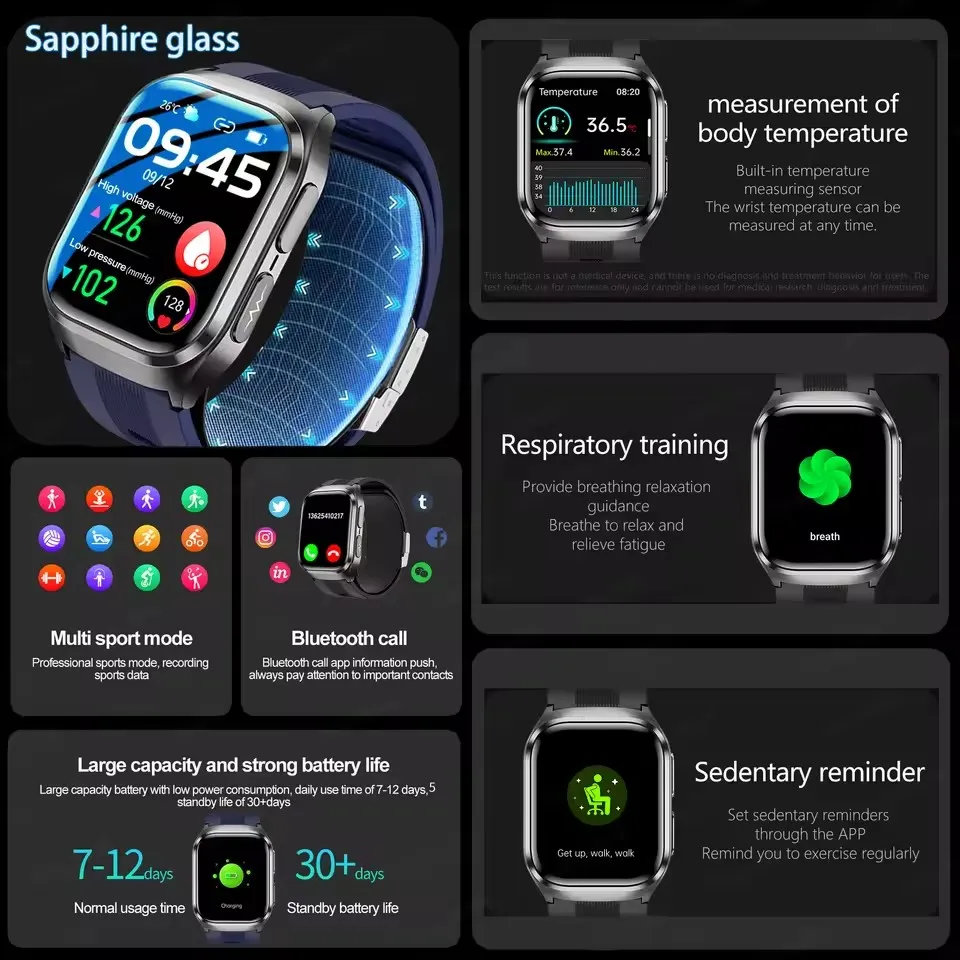 New Air Pump Blood Pressure Measure Smart Watch Men Micro Physical Examination Reduce three highs Airbag Smart Voice Call Watch