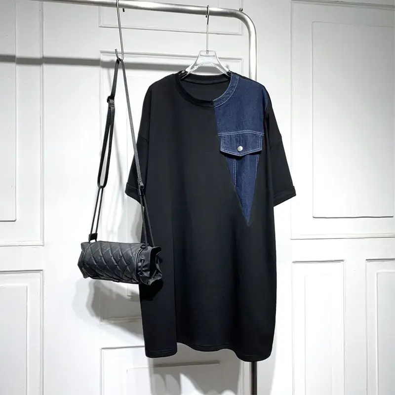 ルーズプラスサイズの女性のドレス 2025 夏半袖 Tシャツパッチワークデニムレディ Vestidos 女性ローブ服 KE7274