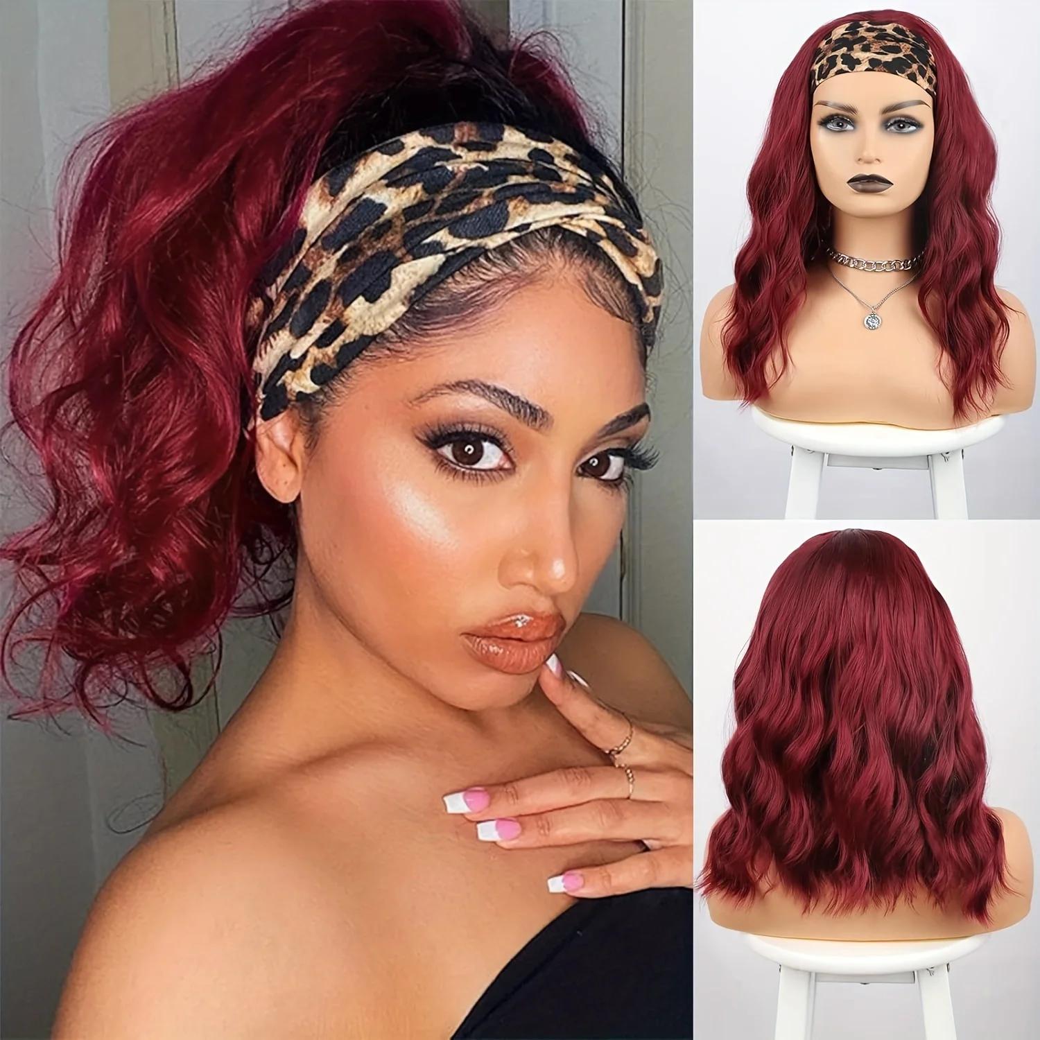 Women's Short Wavy Bob Wig with Headband, Black