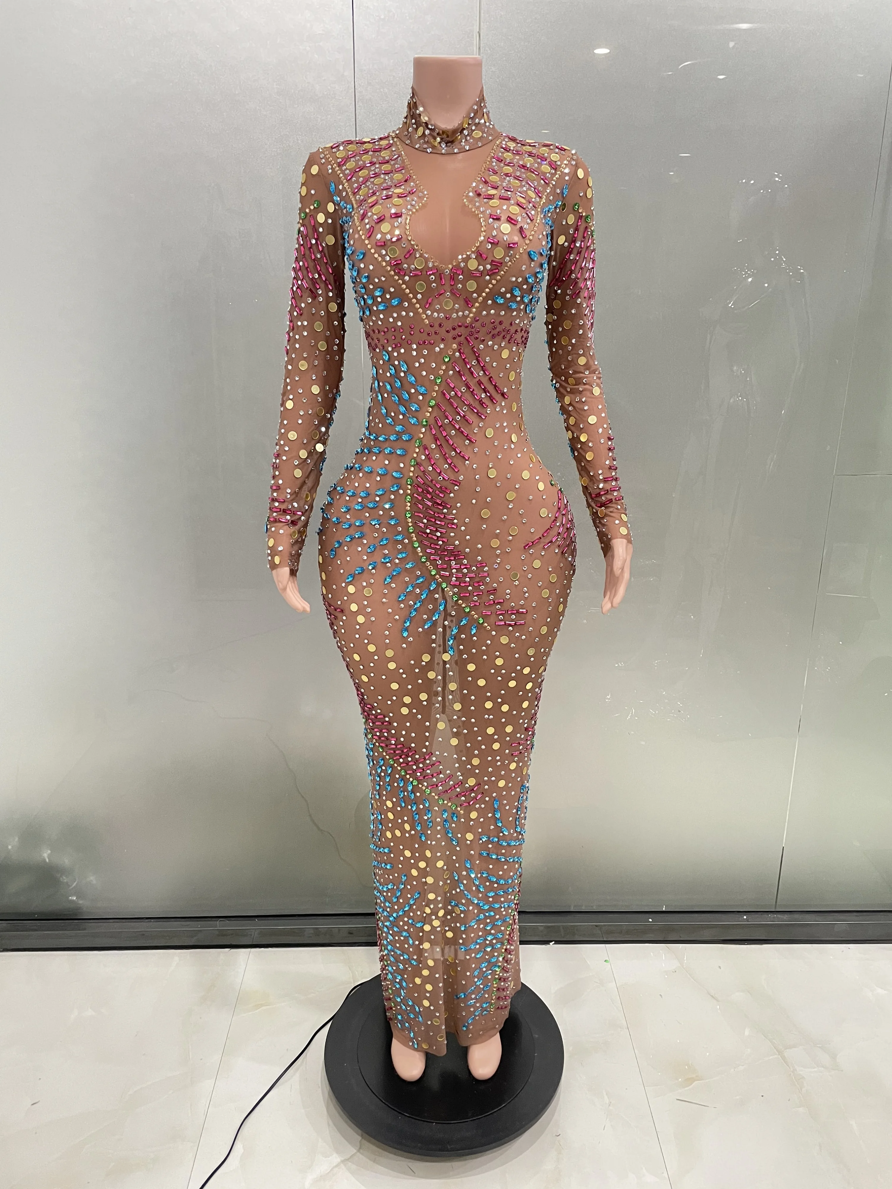 

STOCK Women Luxury Colorful Rhinestone Sexy Mesh Perspecti Celebrity Long Dress Stage Show Evening Birthday Party Dresses