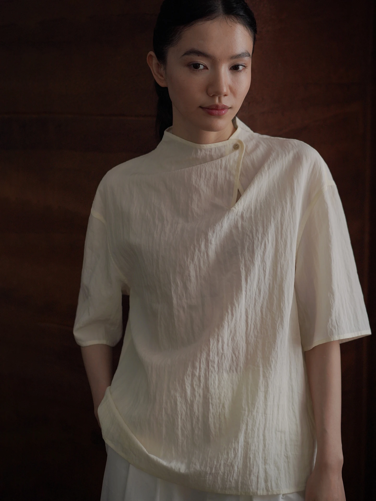 Slimming One-Button Short-Sleeve Shirt Stand Collar Casual Loose Fit Casual Fiber Herringbone Pattern for Young Women