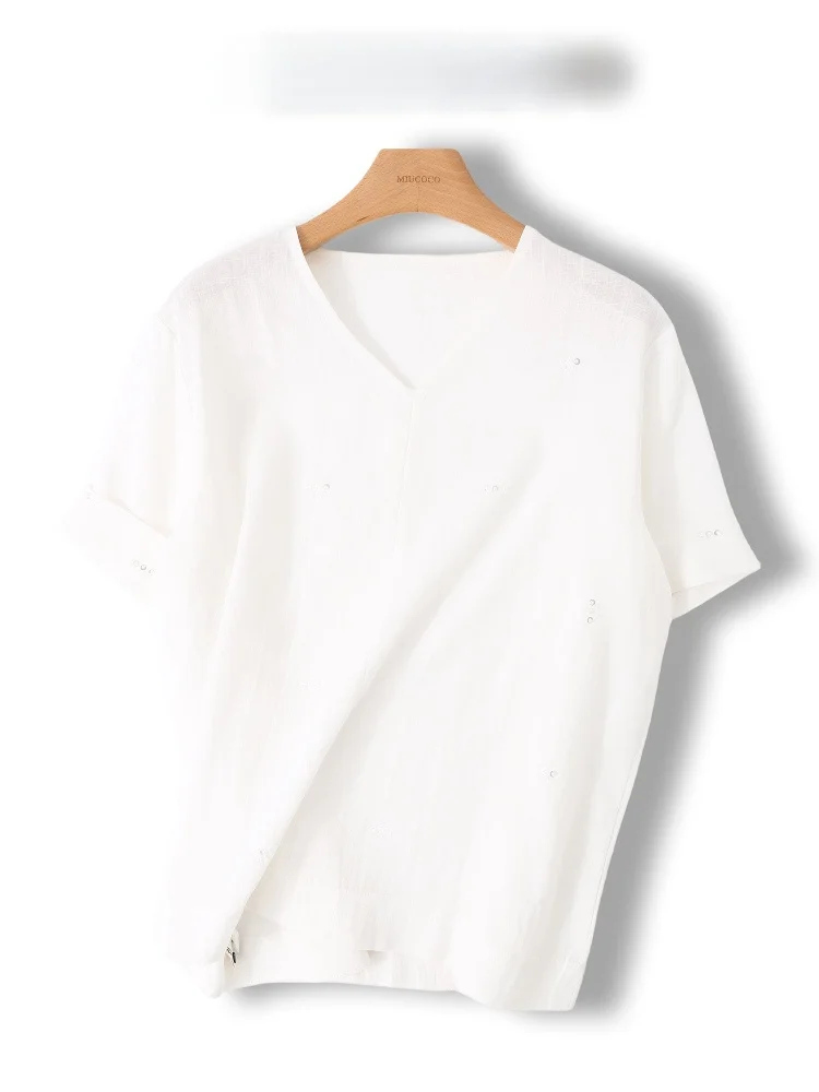 

Elegant Heavy Bead Embellished Linen Shirt Women's Trendy Top Comfortable Summer Fashion Retro Style Casual Commute Wear