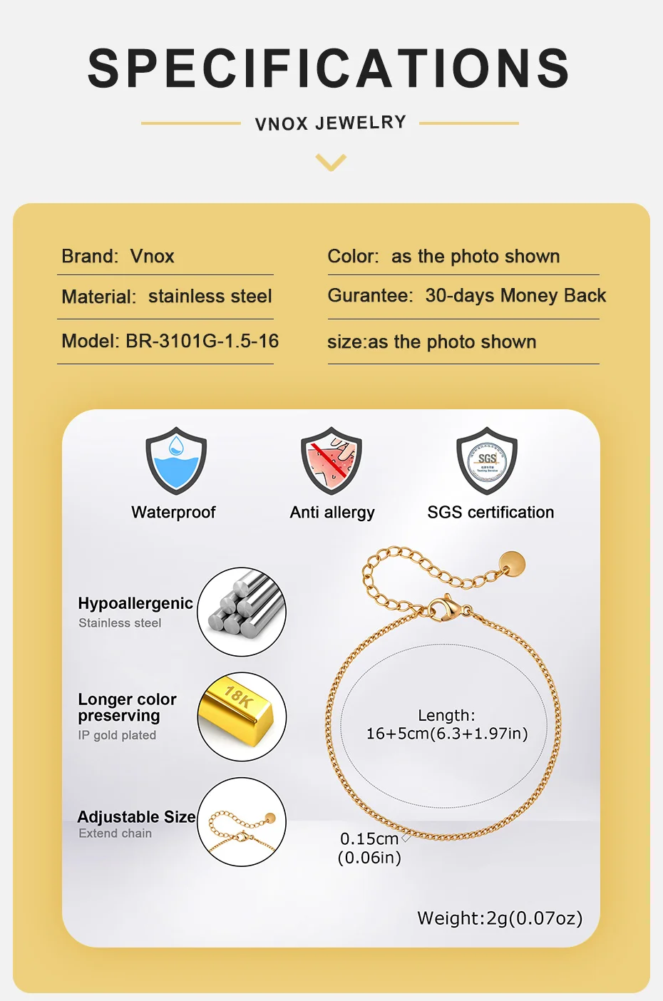 Vnox Edelstahl Panzerketten-Armband für Männer und Frauen, Verstellbare Länge 16-21cm, Punk Hip-Hop Street-Style Schmuck, Geschenk für Ihn – Detail 4