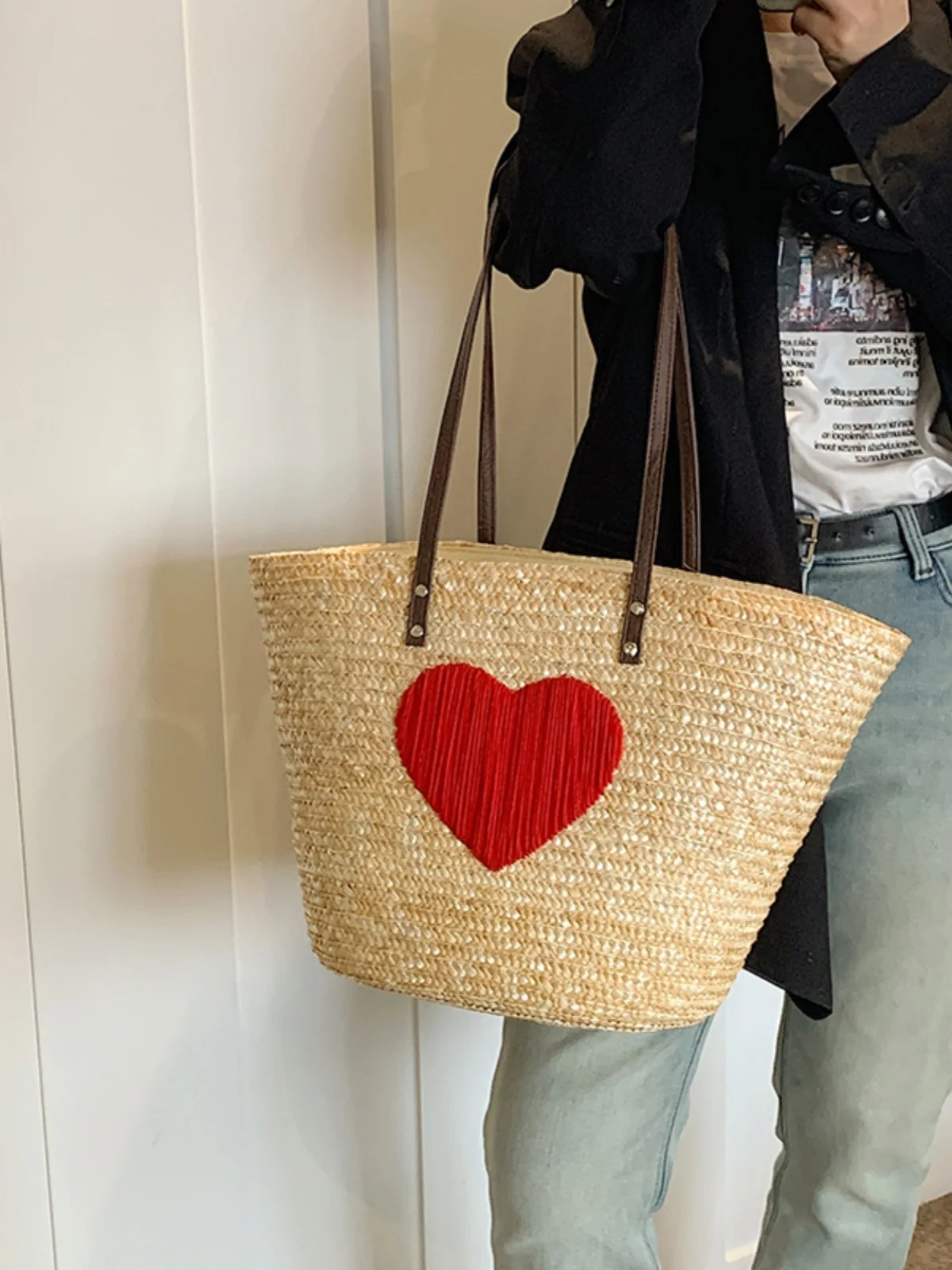 

Large Capaci St Woven oulder Bag for Women Summer Beach Retro Heart Embroidery Handbag Tote Bag Korean Sle Casual