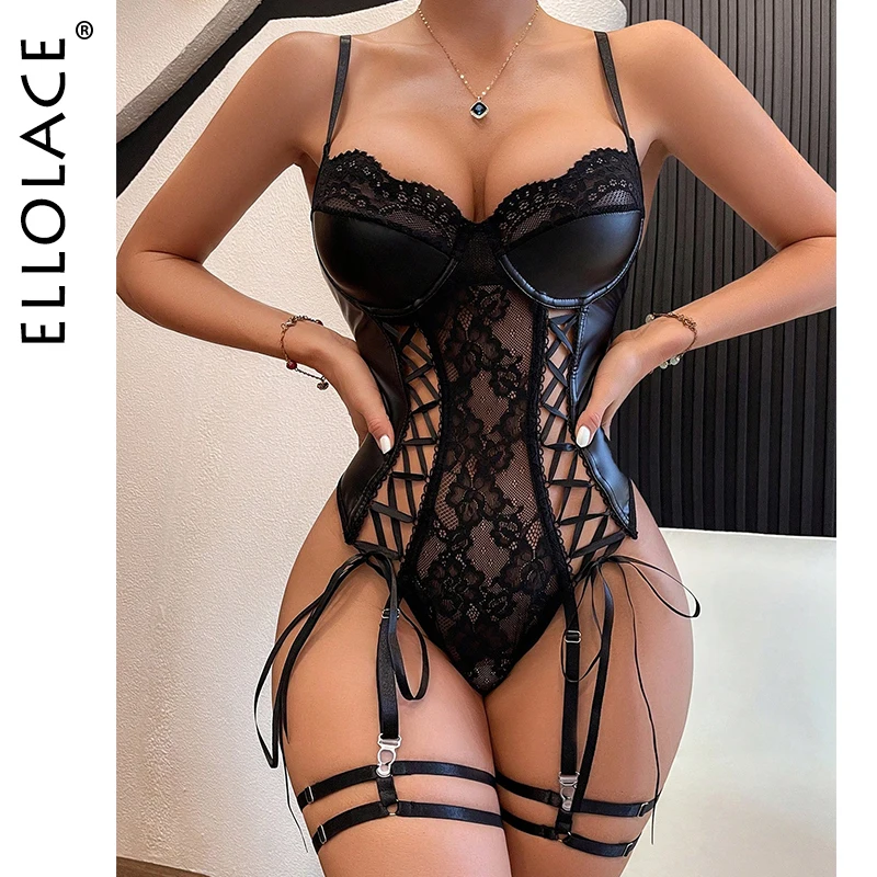 Ellolace Skórzane body Koronkowe patchworki Przezroczyste jednoczęściowe Eleganckie czarne body Koronkowe topy Sissy Lady Clothes