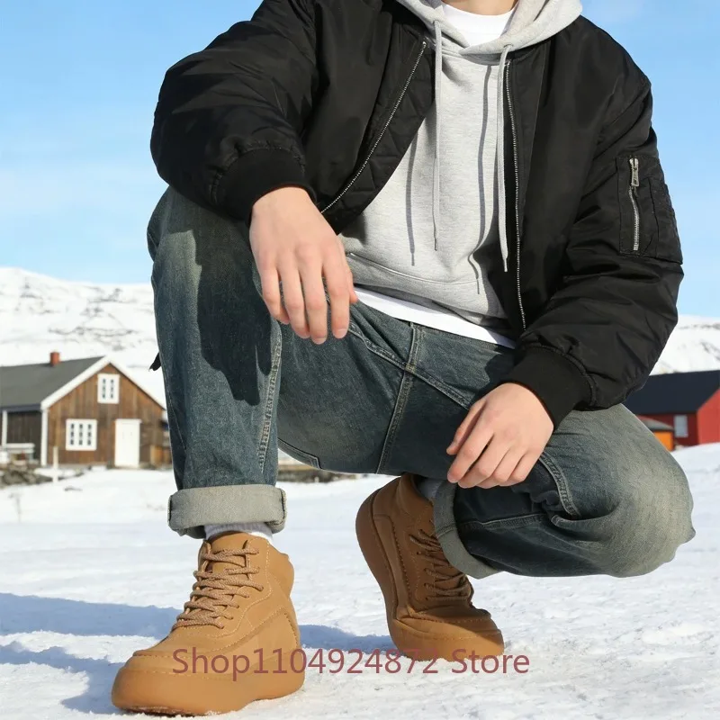 Winter Trendy Cow Suede High Top Snow Boots Men's Thick Wool Warm Ankle Boots Non-slip Casual Sneakers Male Genuine Leather