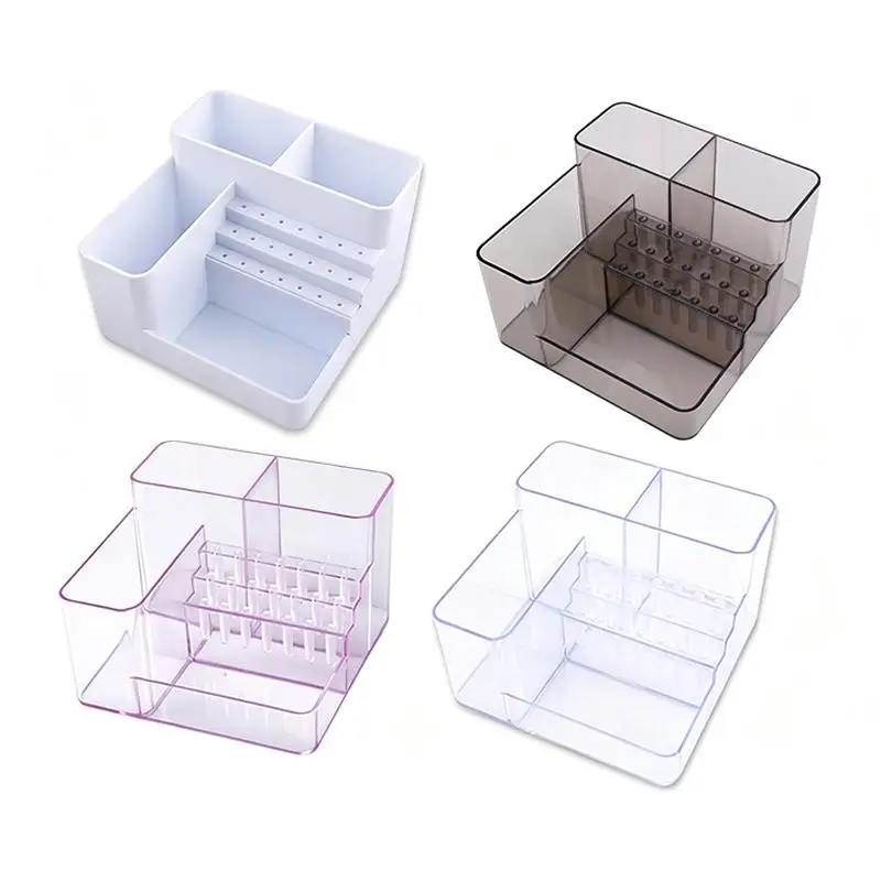 [1Pc]Multi Compartment Nail Drill Bit Organizer Case For Nail Salon Desktop Manicure Accessory Plastic Nail Art Tool Storage Box - view 3