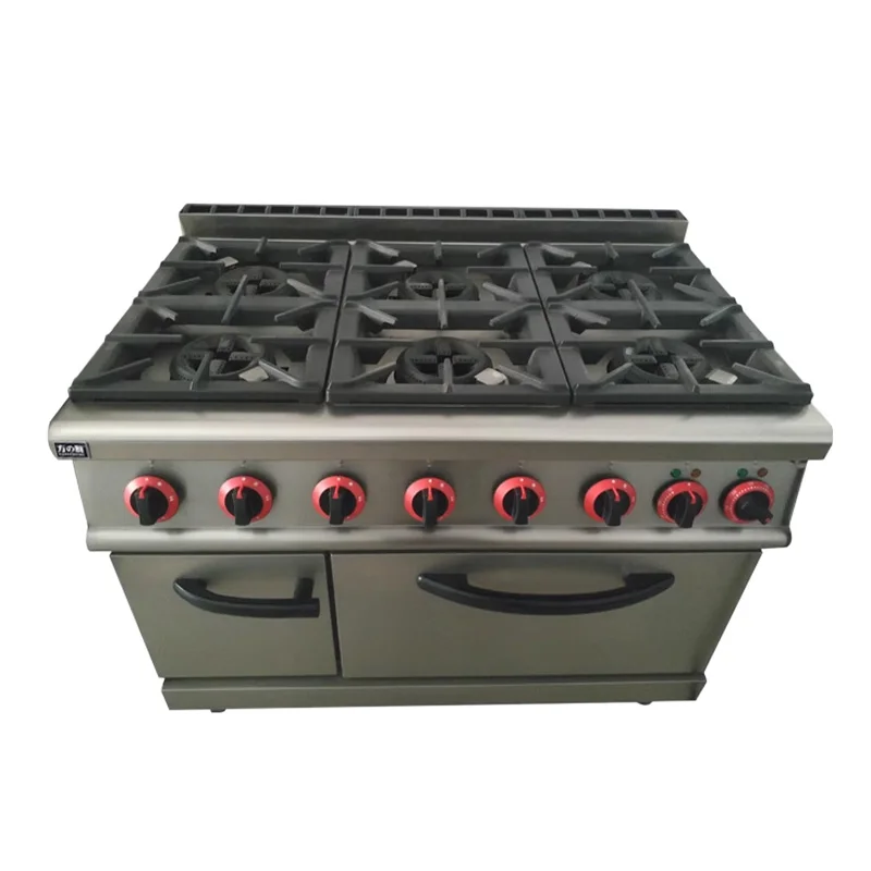 Commercial stainless steel high quality kitchen equipment gas six burner clay pot stove with electric oven