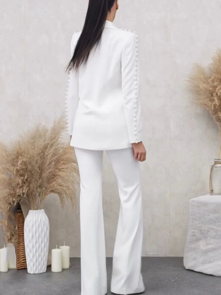 White Blazer Pants Suits with Pearls New Designer Pearl Embellished Suit Set Slim Handmade Pants Sets Two Pieces Sets Outfits