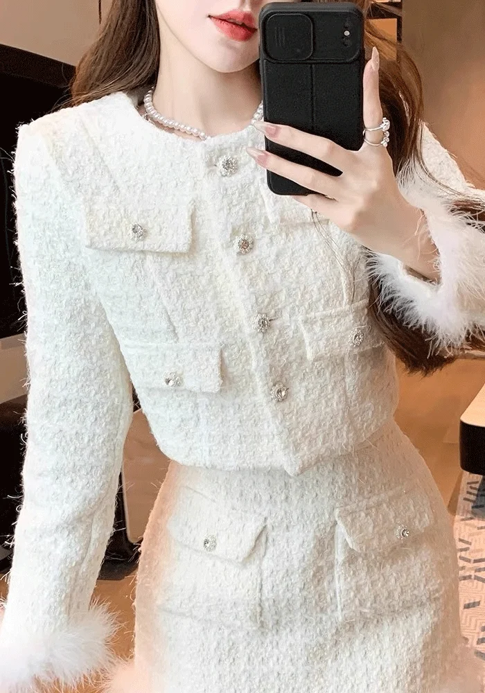 Autumn Winter Women\'s Set: Rich Heiress Korean Drama-inspired Elegant Socialite Coat and Skirt Two-piece Chic Outfit Hot Sale