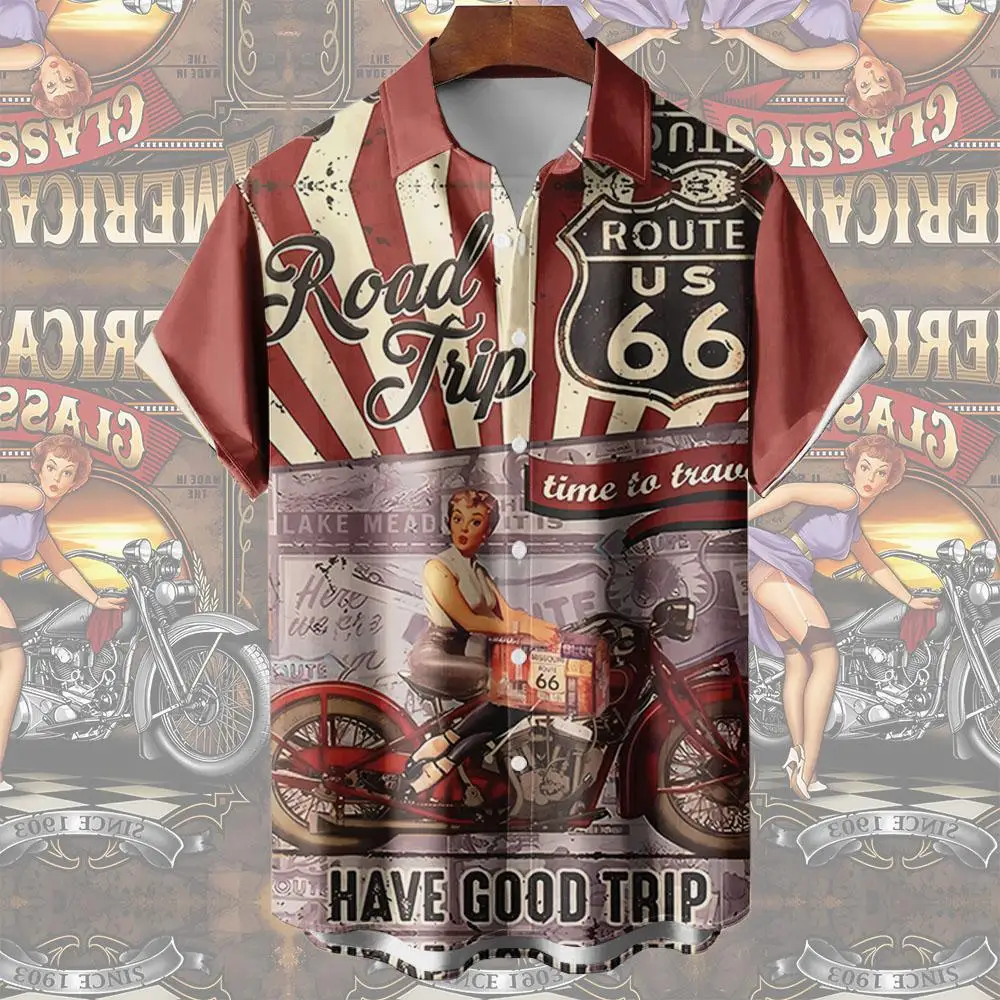 Motorcycle Men\'s Shirts Route 66 Classic Tees 3d Print Short Sleeve Top Summer Clothes Route 66 Pattern Blouse Oversized Shirt